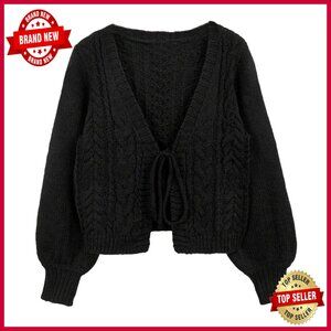 Tie Front Crop Cardigan V-Neck Lantern Sleeve Loose Knit Sweater